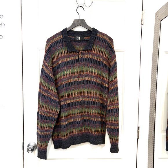 TSR USA Other - Vintage TSR Grandpa Sweater Eclectic Brown Green Collared Geometric Knit USA 80s